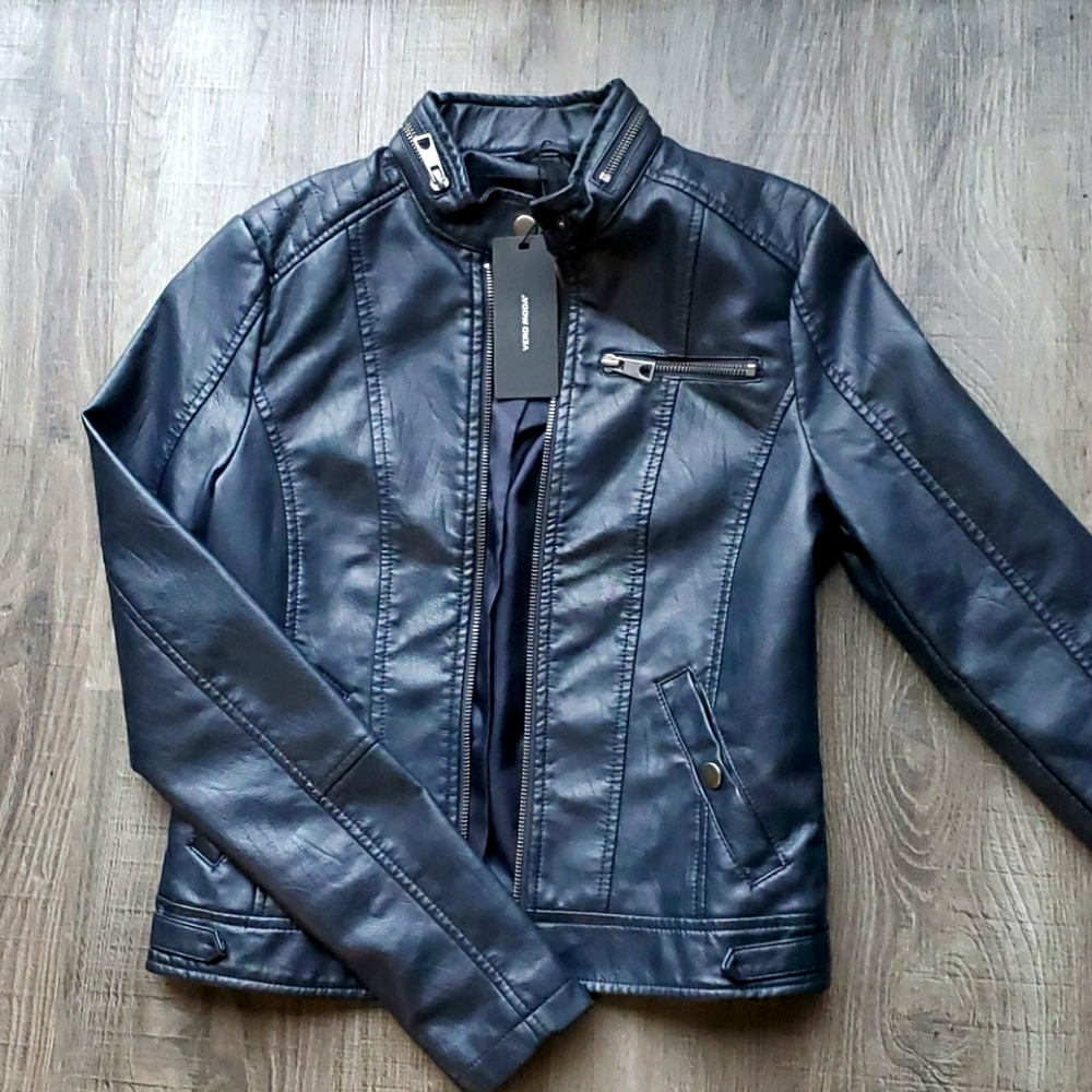 NWT Navy Faux leather jacket